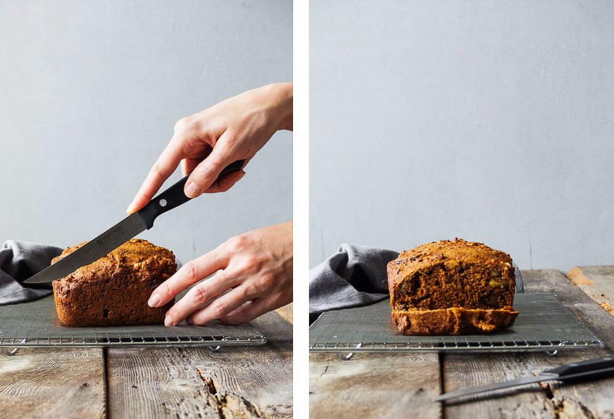 side by side images of two holds holding a knife cutting into rosemary bread, and a second image of a straight on view of rosemary bread with a slice cut off.