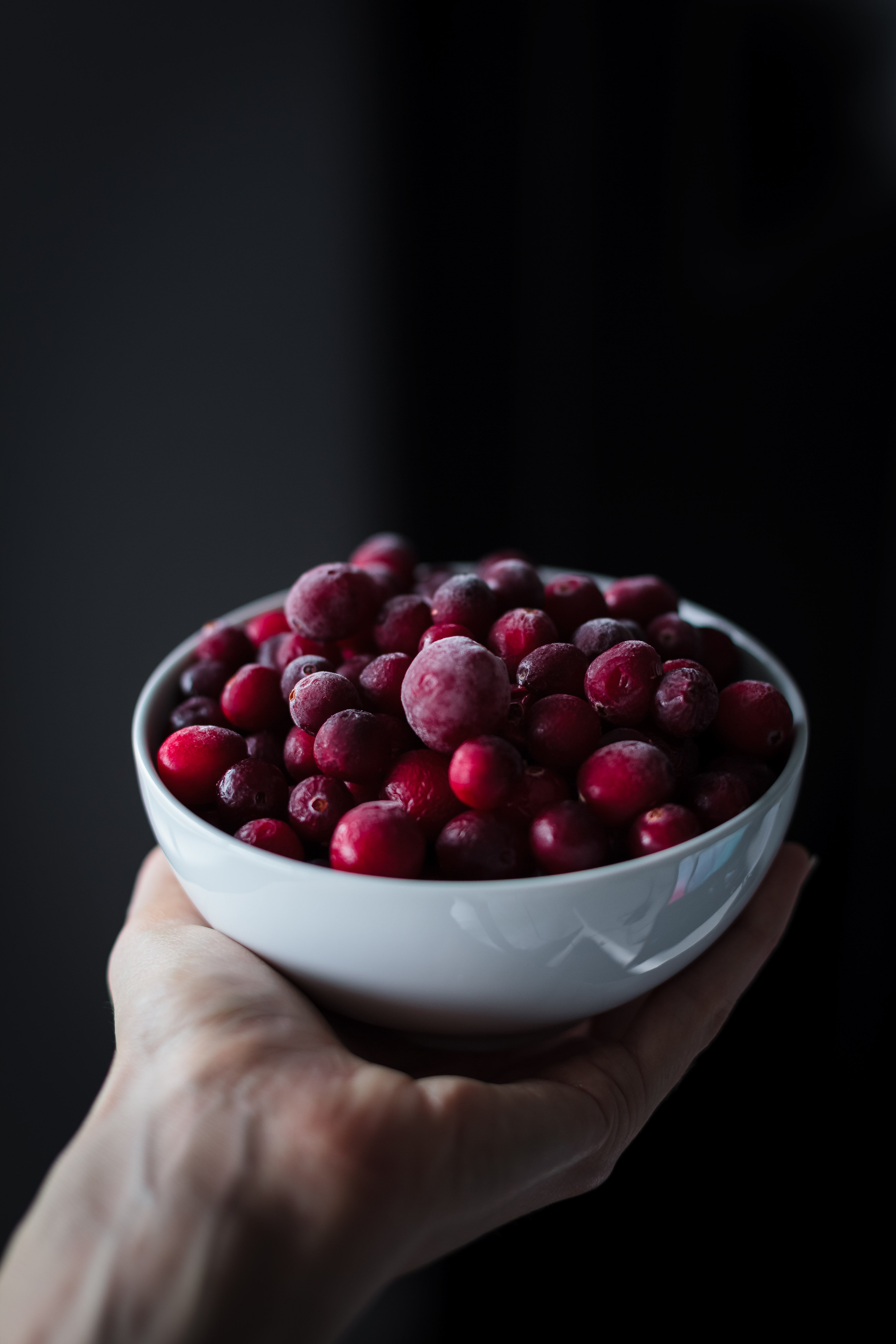 A head on image of a hand holding a bowl of cranberries.