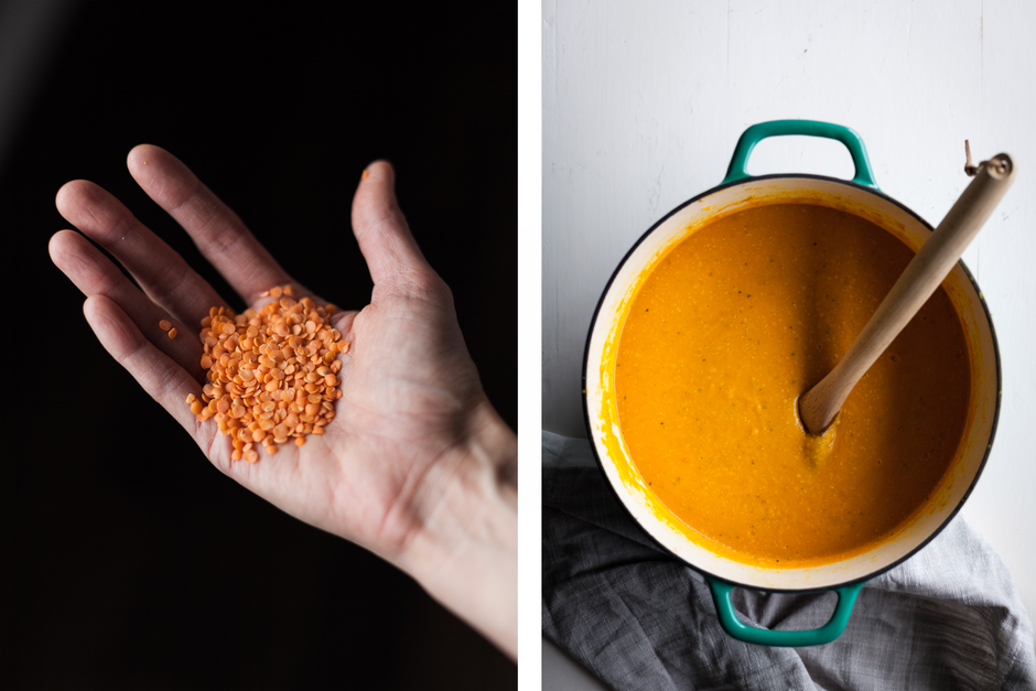 a side by side image of a hand holding red lentils and another image of a soup pot with a spoon resting in it.