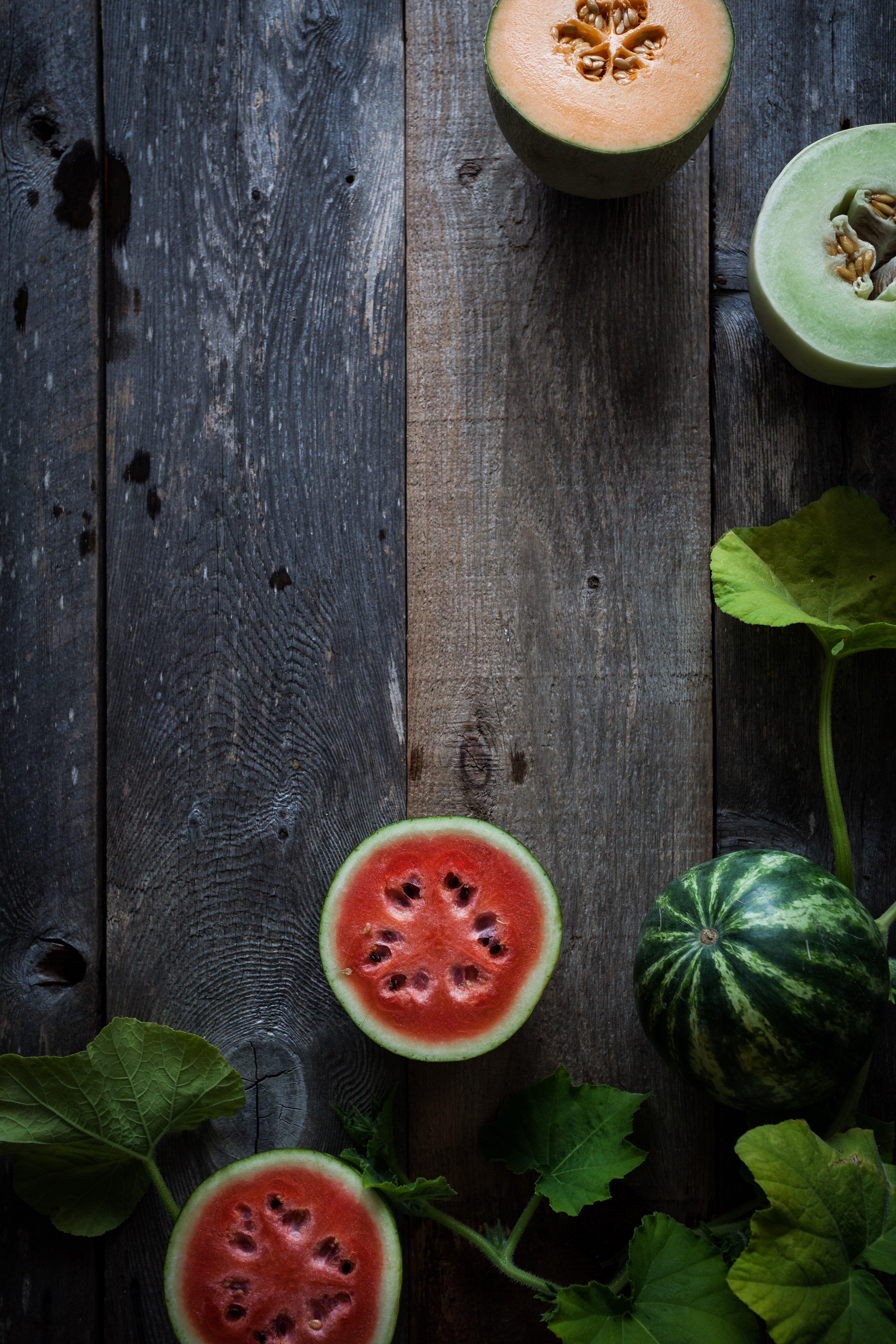 overhead view of melons, sliced watermelons and vines.
