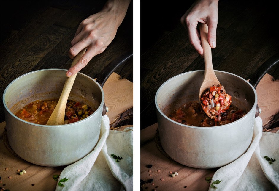 two images side by side showing a hand scooping seven bean stew from a pot.