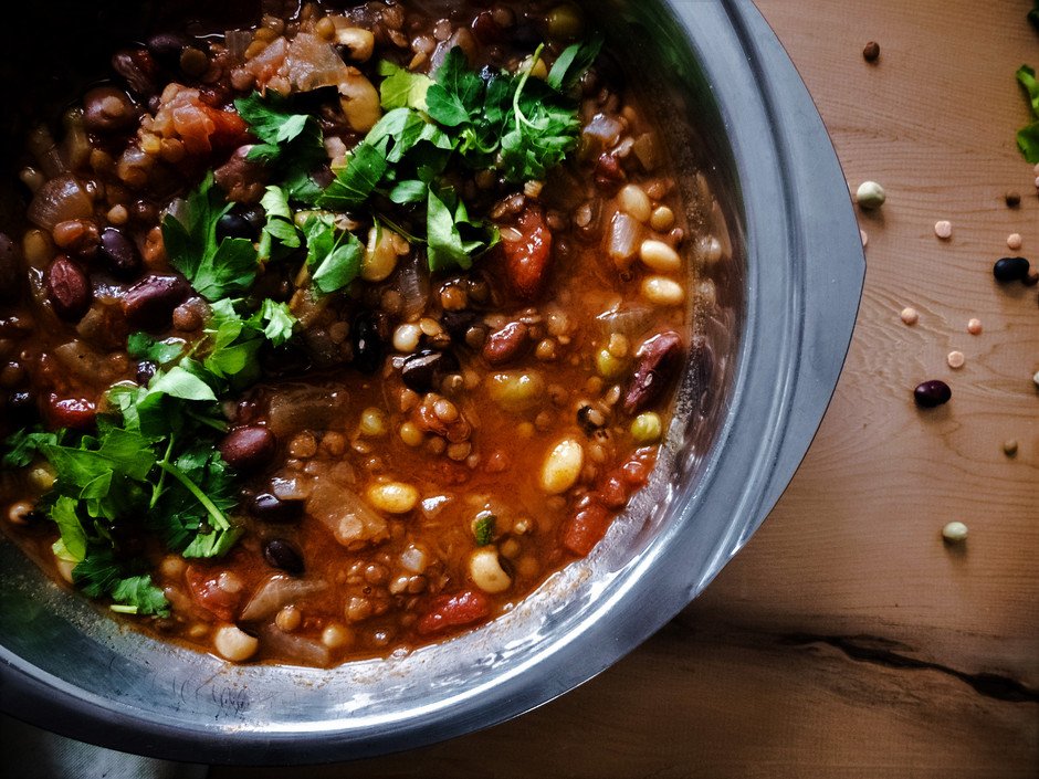 an overhead close up image of seven bean stew.
