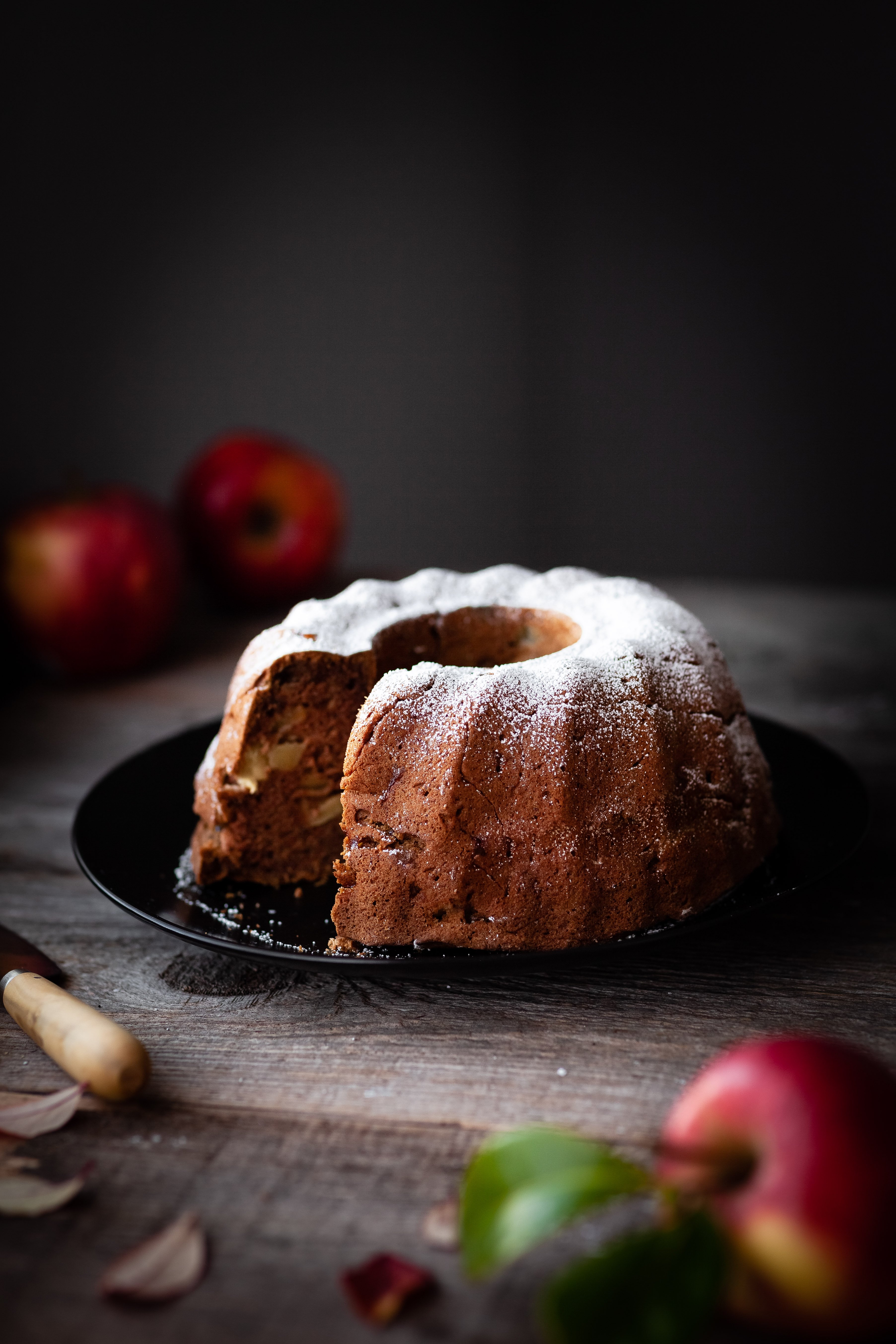 close up image of vegan apple spice cake.