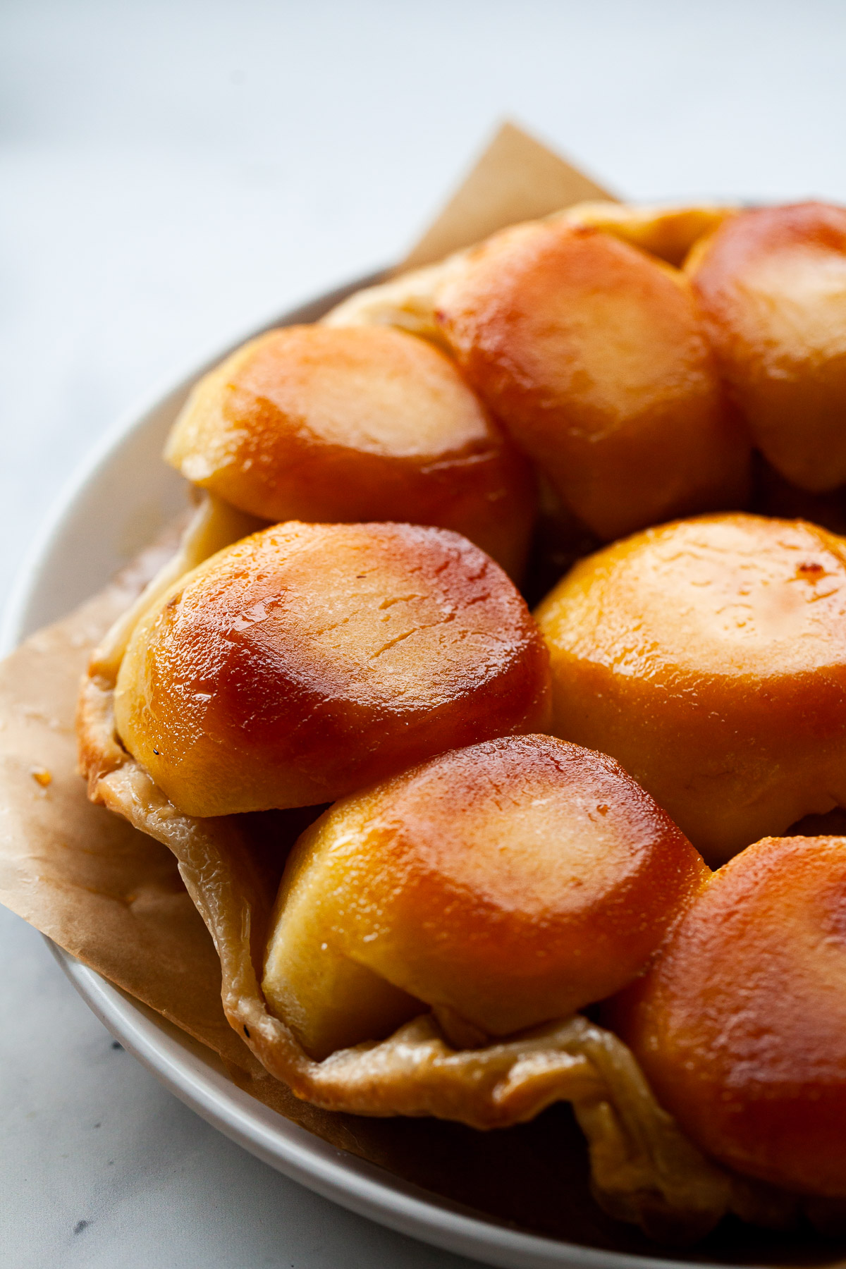 ยพ angle view of an apple tarte tatin.
